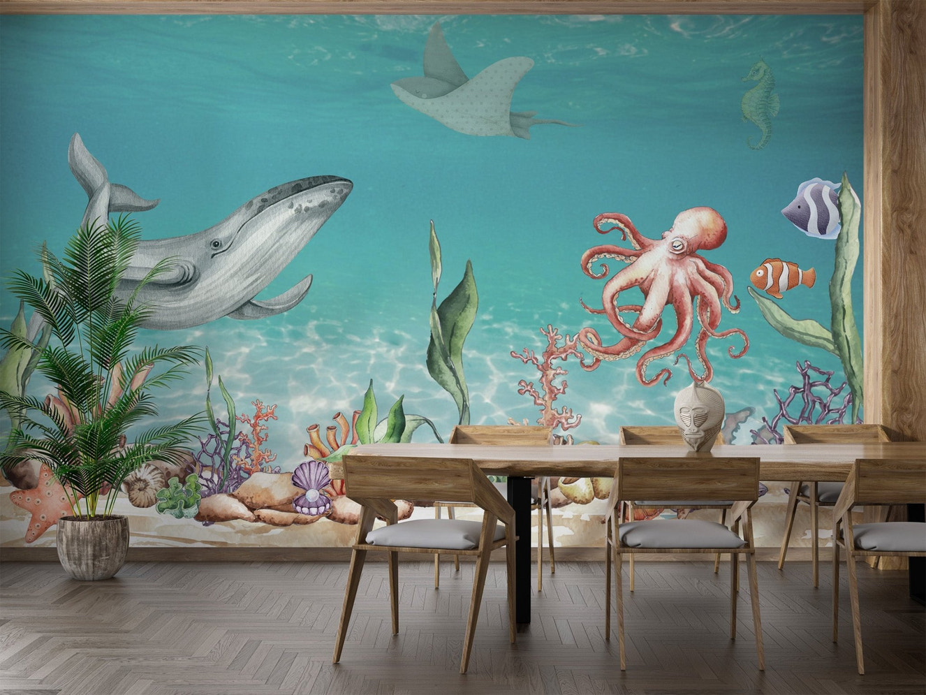 Marine life mural featuring tropical fish and underwater plants for dining room.
