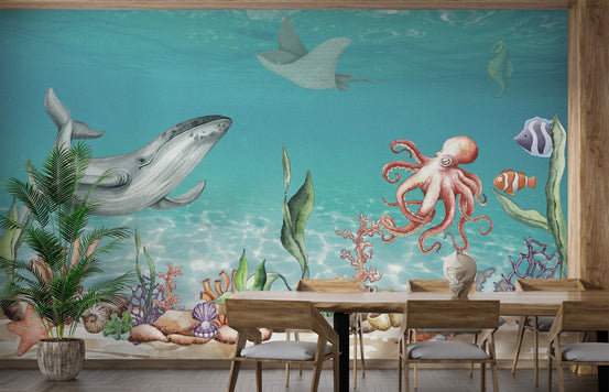 Marine life mural featuring tropical fish and underwater plants for dining room.