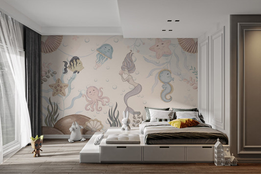 Aquatic life kids wall mural with pastel mermaid and sea creatures.