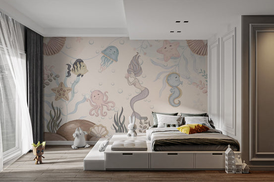 Aquatic life kids wall mural with pastel mermaid and sea creatures.