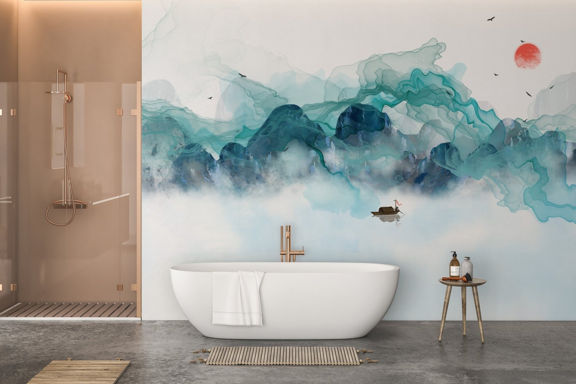 Aquatic Mountain Abstraction Wall Mural for Modern Spaces
