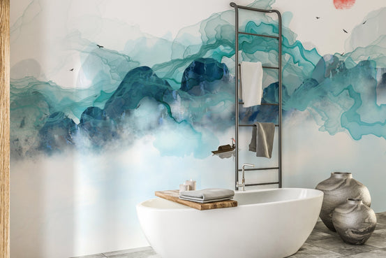 Aquatic Mountain Abstraction Wall Murals behind a white bathtub in a bright bathroom.