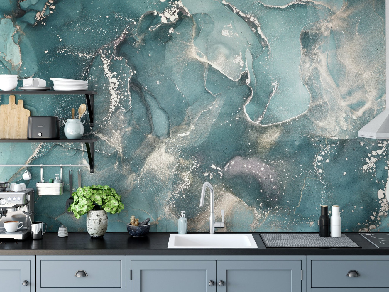 Fluid teal and gold wall mural behind a modern kitchen sink setup.