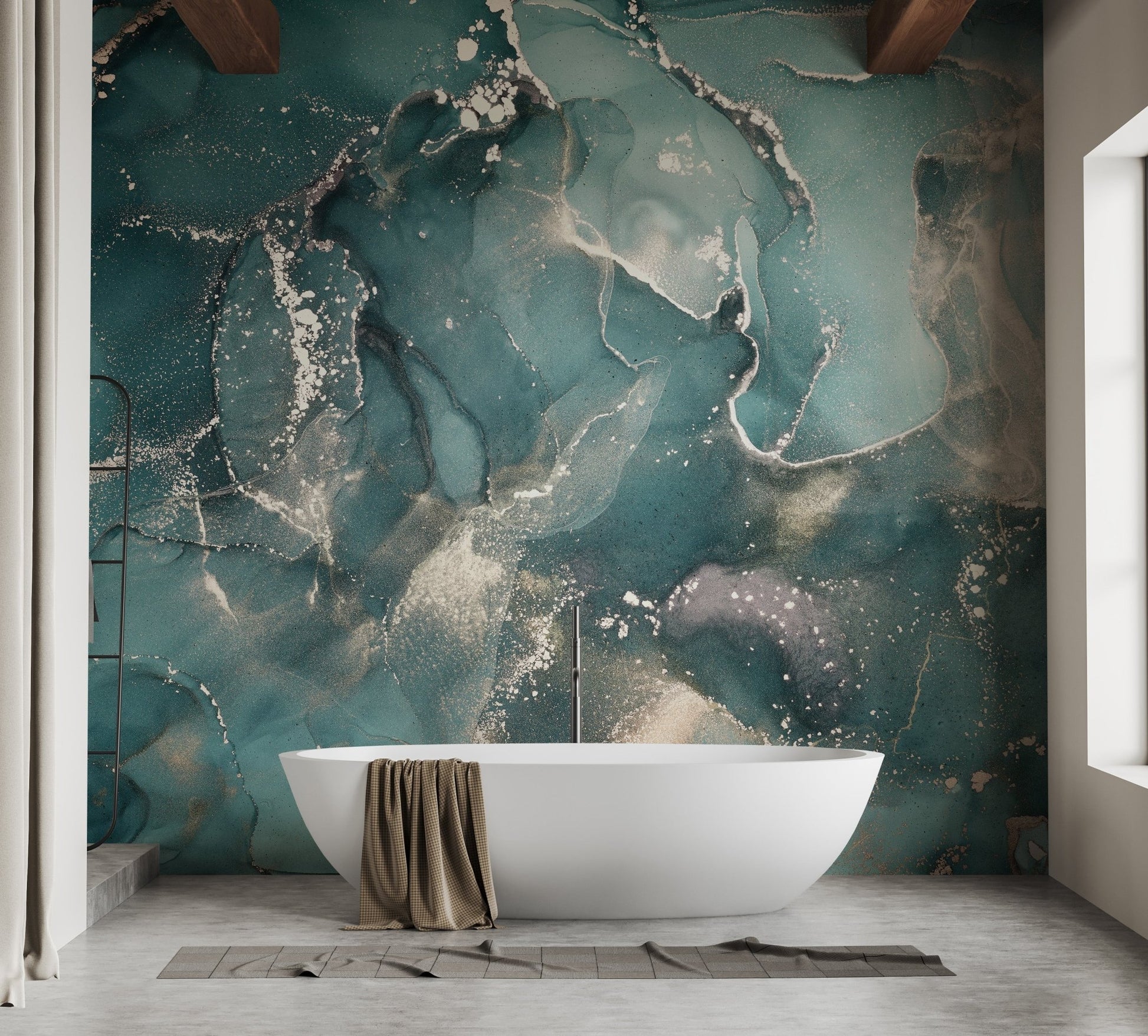 Teal and grey marble mural used as a bathroom feature wall.