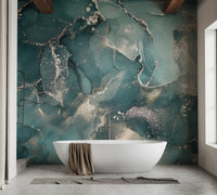 Teal and grey marble mural used as a bathroom feature wall.