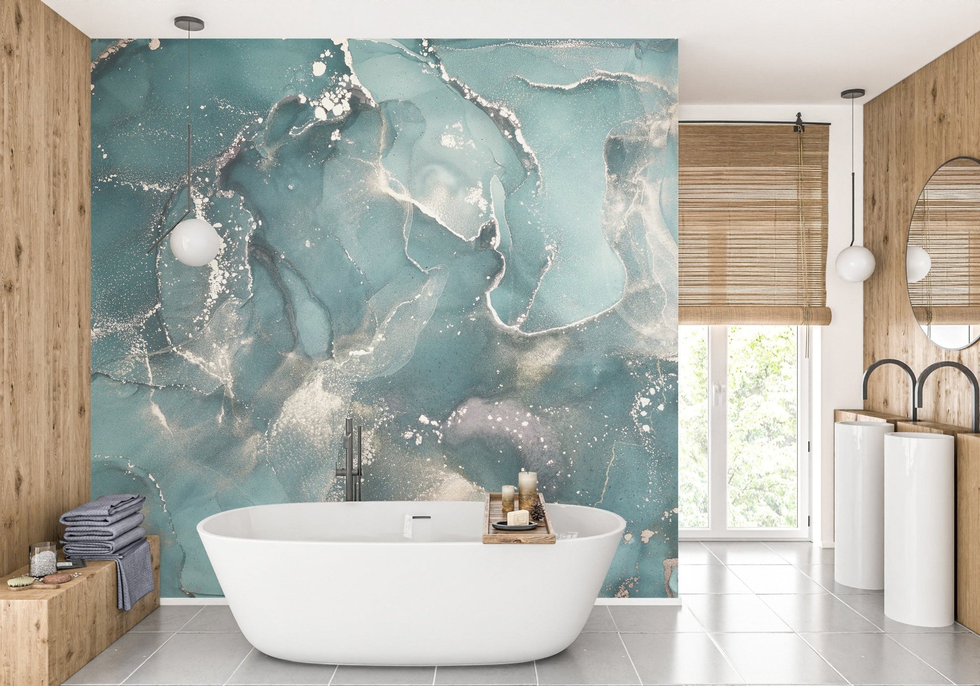 Minimalist bathroom wall mural with teal and metallic gold swirls.