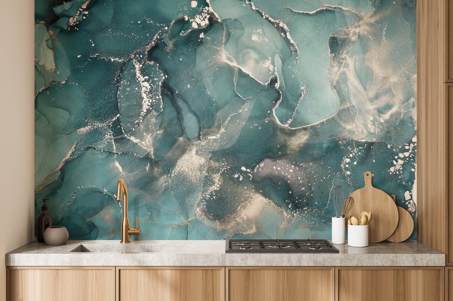 Modern kitchen backsplash featuring Aquatic Teal Marble Wall Murals.