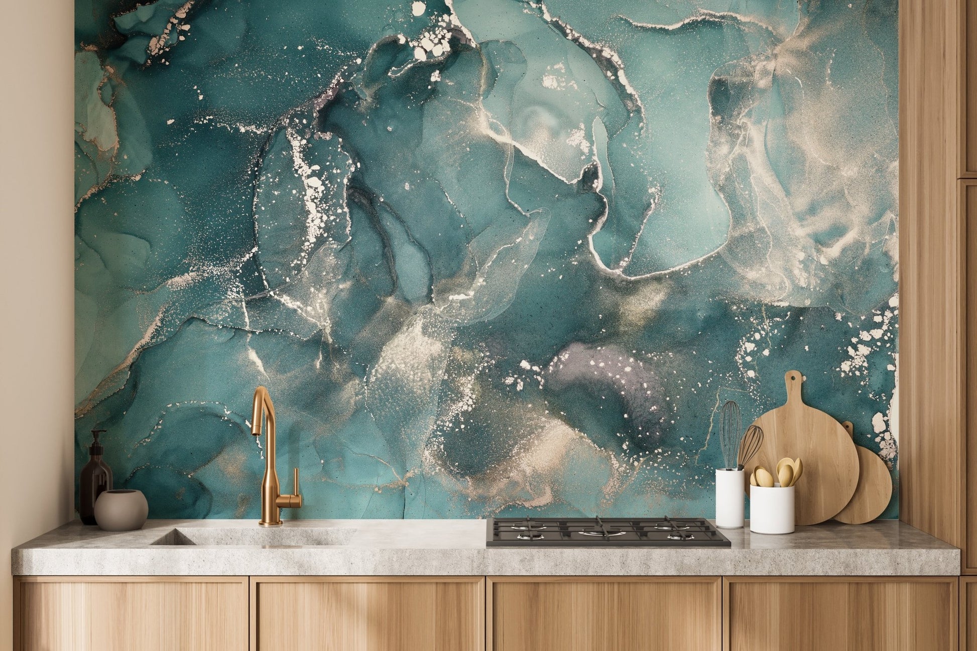 Modern kitchen backsplash featuring Aquatic Teal Marble Wall Murals.