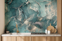 Modern kitchen backsplash featuring Aquatic Teal Marble Wall Murals.