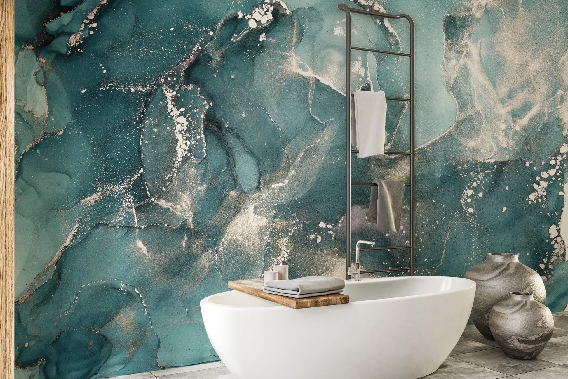 Fluid ink marble wall mural pattern in a bathroom with gold fixtures.