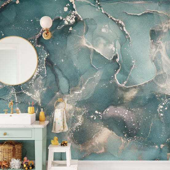 Aquatic Teal Marble Wall Murals in a bathroom with a white vanity.
