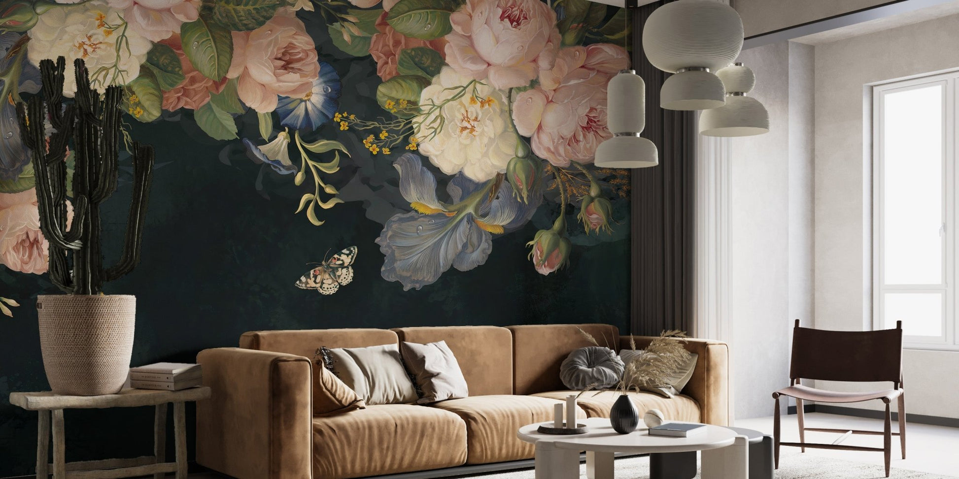 Flower mural with pink roses and green leaves in a tan living room.