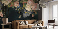 Flower mural with pink roses and green leaves in a tan living room.