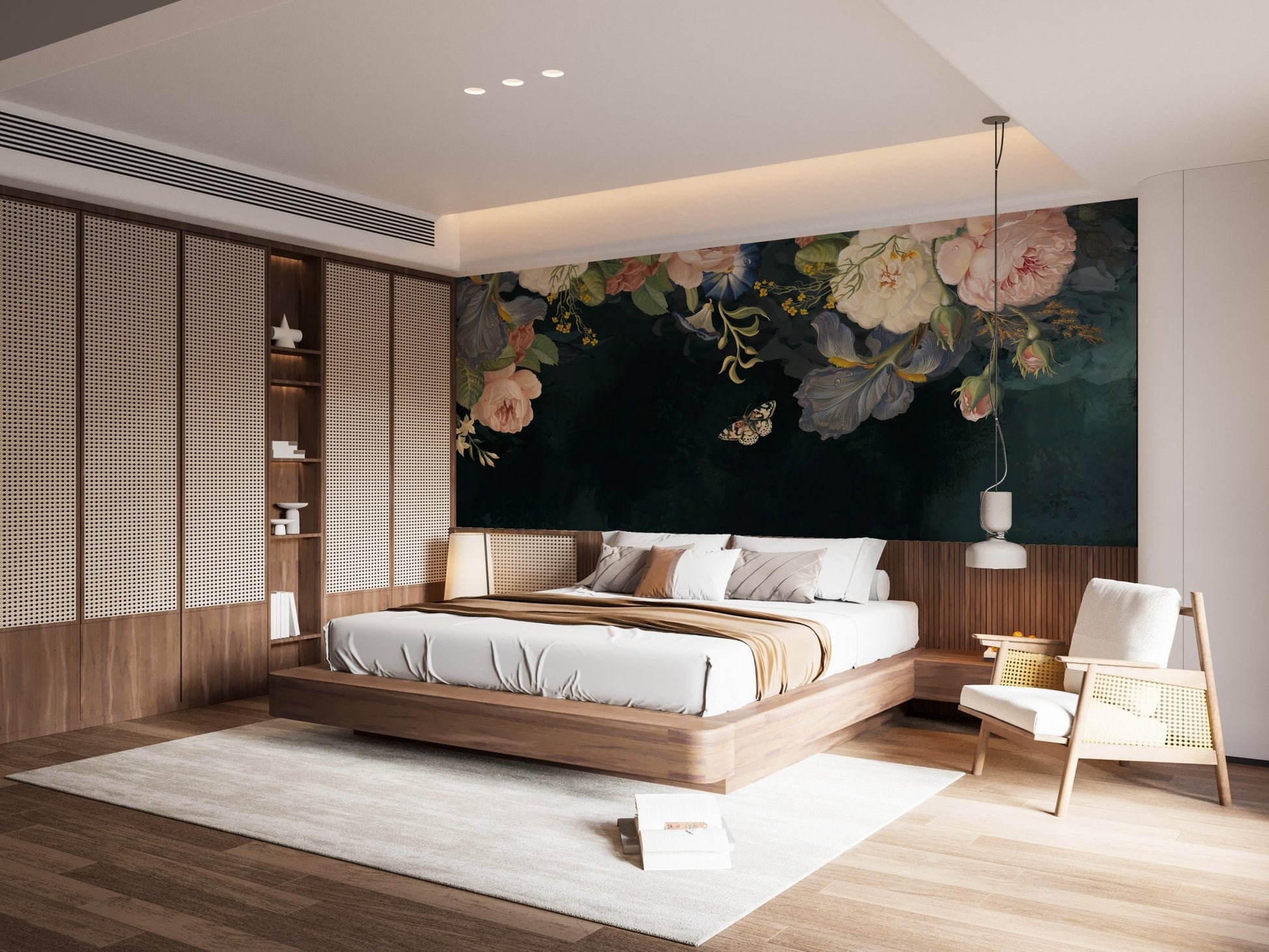 Botanical flowering wall mural behind a wooden bed frame in a light filled room