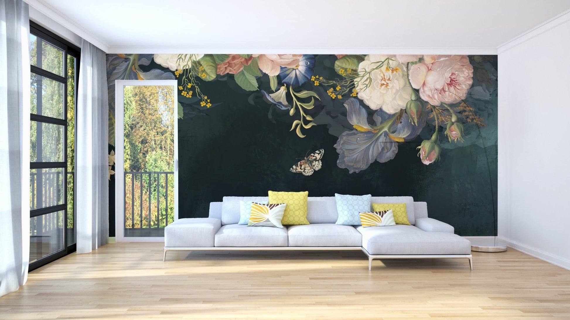 Large scale flower wall mural in a minimalist living room setting