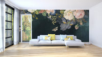 Large scale flower wall mural in a minimalist living room setting