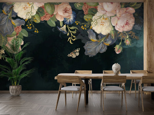 Dark green and pink flower wall mural in a dining room with wooden chairs