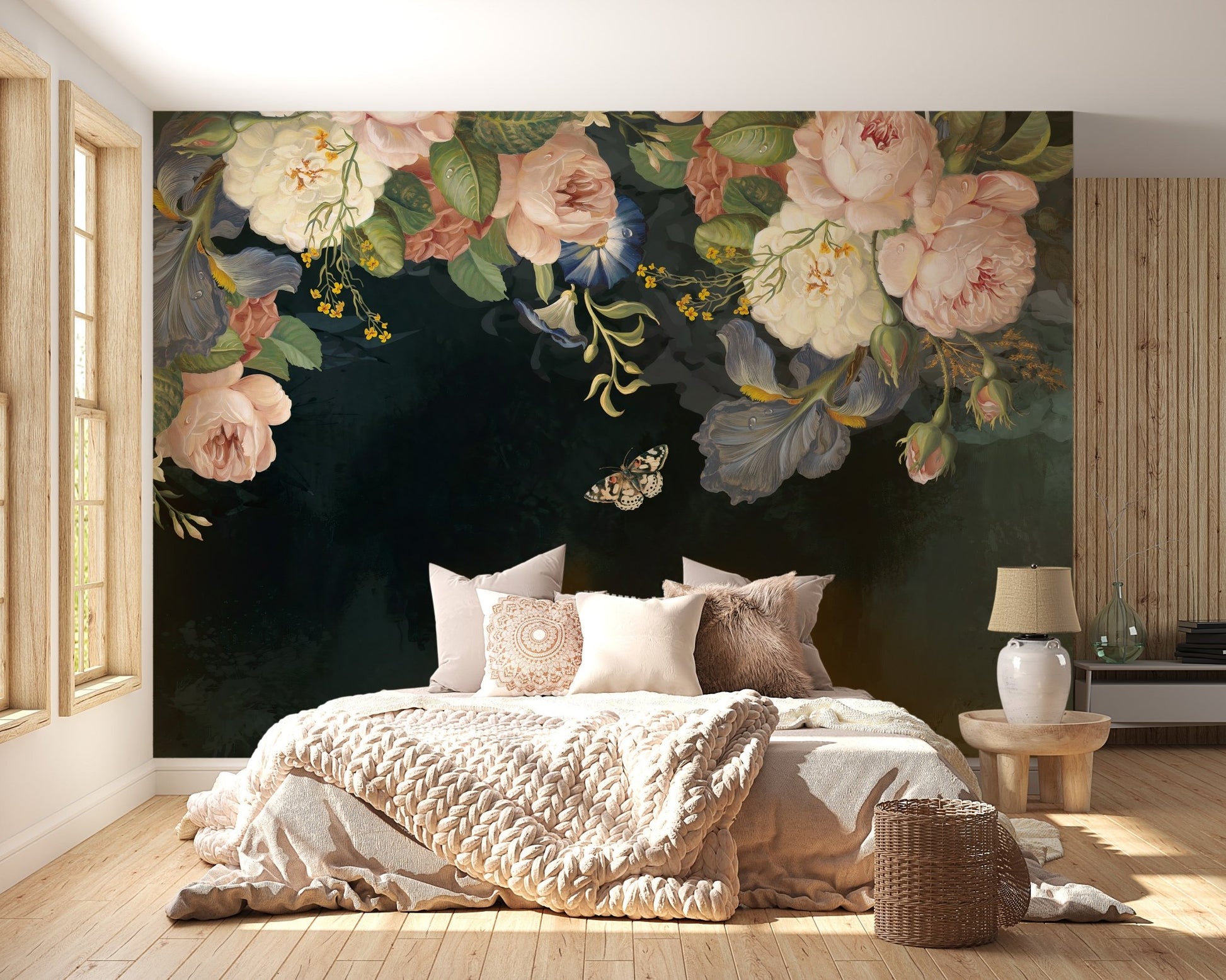Arboreal Flowering Entrances Wall Mural in a bedroom with wooden floors