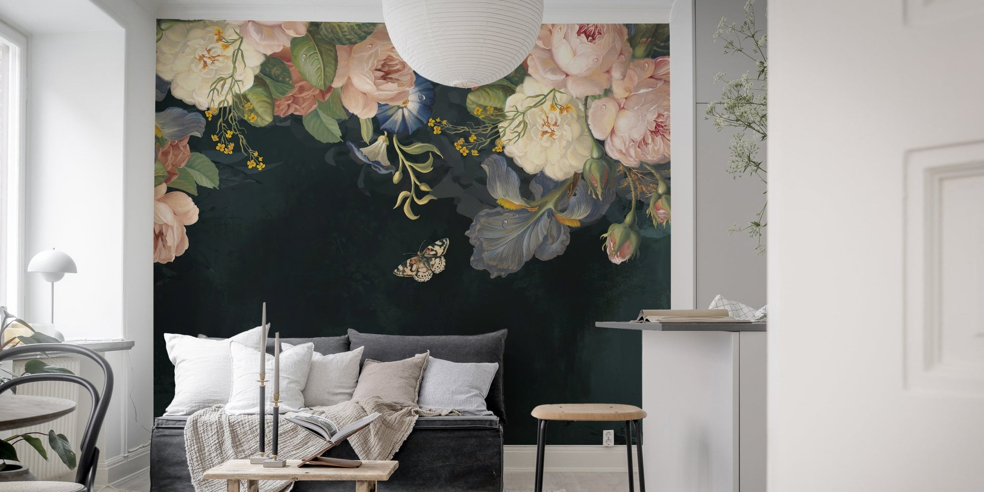 Nature-inspired arboreal mural for living space interiors.
