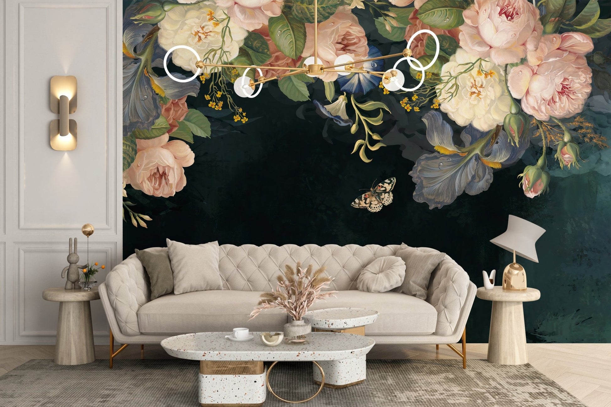 Luxury flower wall mural in a living room with a beige curved sofa
