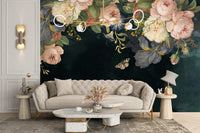 Luxury flower wall mural in a living room with a beige curved sofa