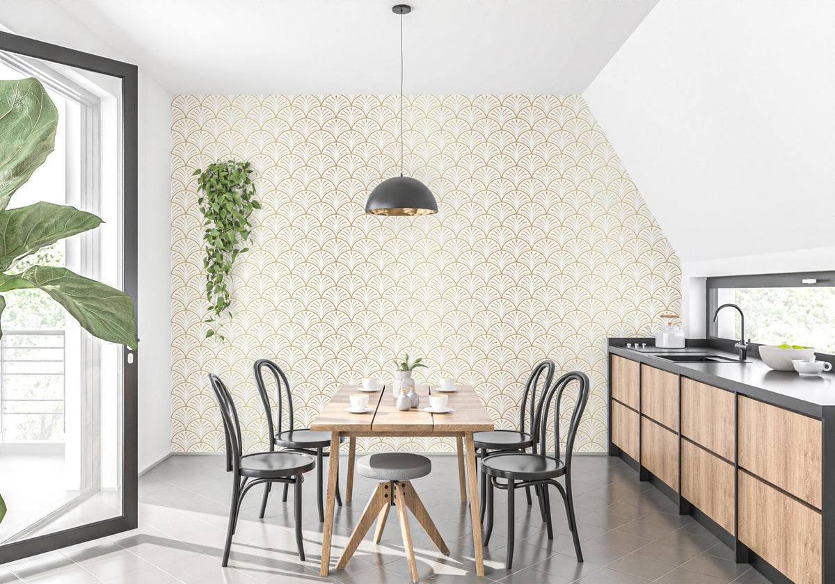 Contemporary dining area with geometric arch wallpaper and black wooden furniture.