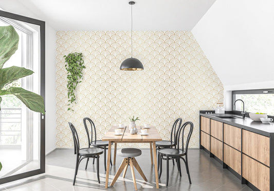 Contemporary dining area with geometric arch wallpaper and black wooden furniture.