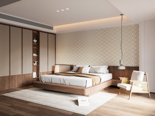 Modern bedroom featuring Arch Design Deco Removable Wallpaper on a feature wall.