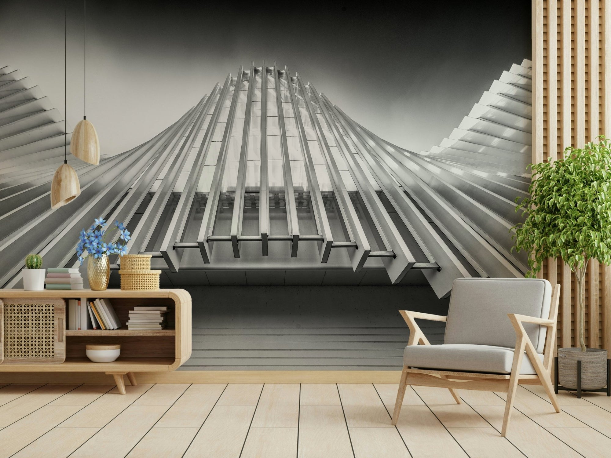 Architectural Ascent Wall Mural featuring grey geometric lines on a textured backdrop.