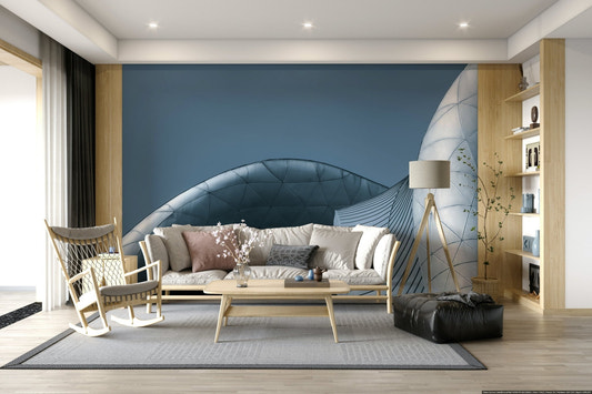 Architectural Blue Curves Wall Mural with fluid navy lines