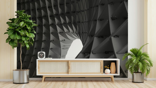 Monochrome geometric patterns on a modern wallpaper.