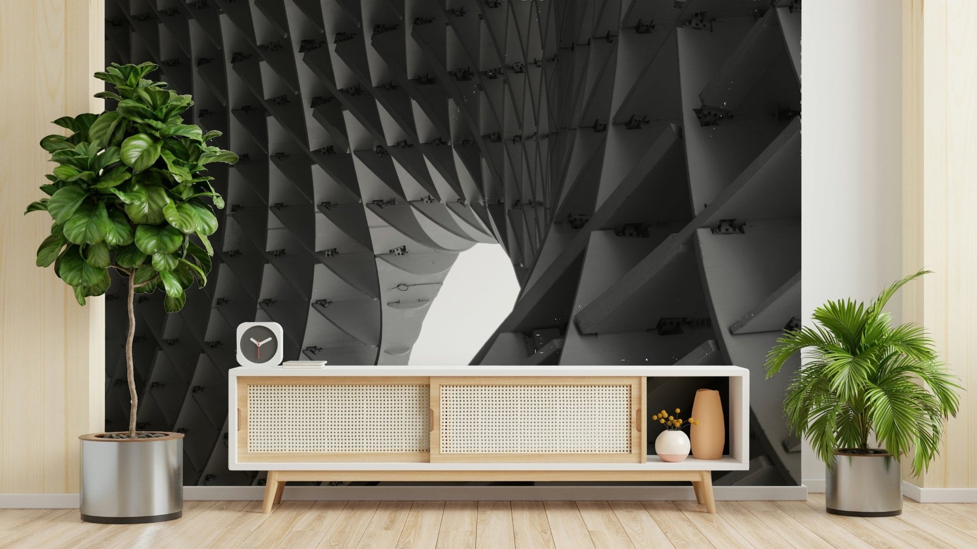 Monochrome geometric patterns on a modern wallpaper.
