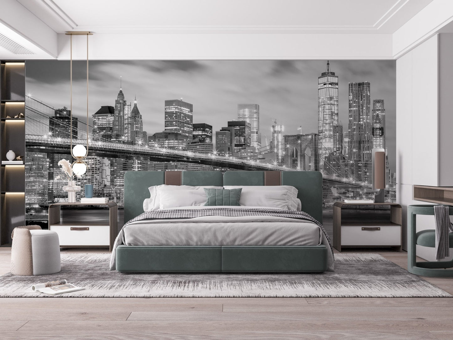 Architectural Marvel Brooklyn Bridge Mural in a luxury bedroom with dark wood accents.