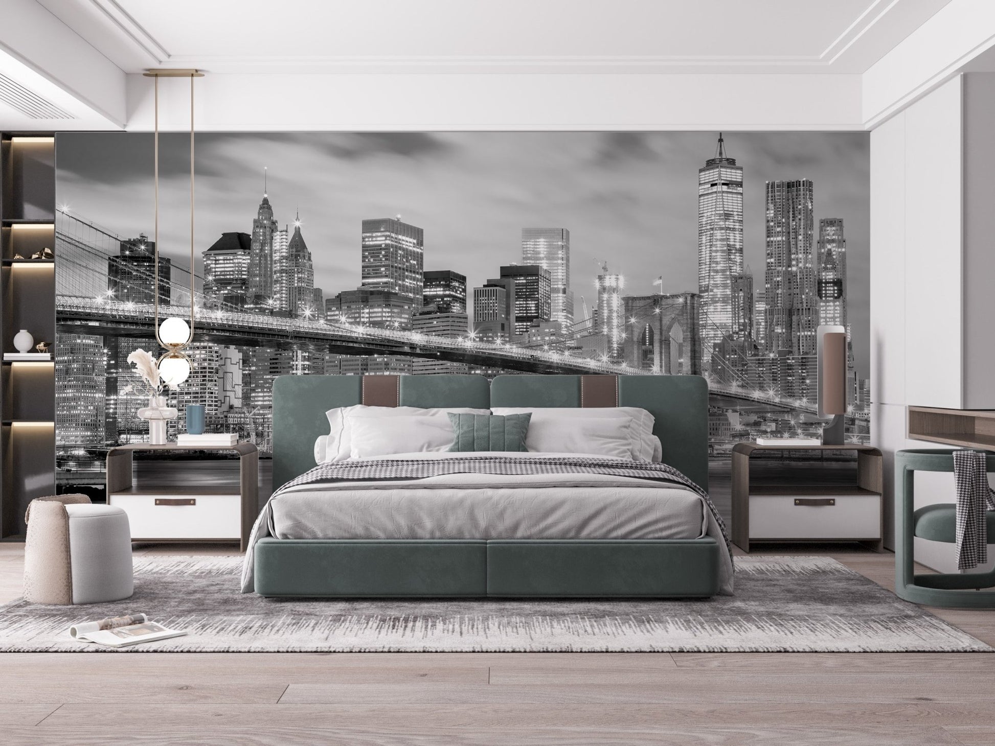 Architectural Marvel Brooklyn Bridge Mural in a luxury bedroom with dark wood accents.