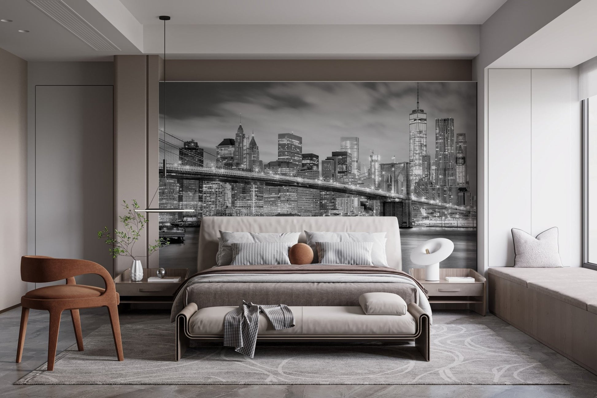 Grey scale city bridge wall mural in a spacious bedroom with a neutral bed frame.