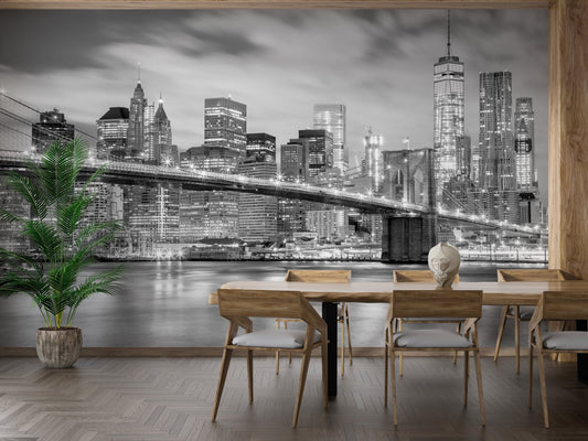 Black mural of Brooklyn Bridge for urban and sophisticated dining room walls.
