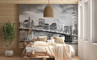 Brooklyn Bridge mural adding elegance to modern bedroom interiors.
