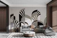 Stylish black and white art deco wall mural in bright living room.