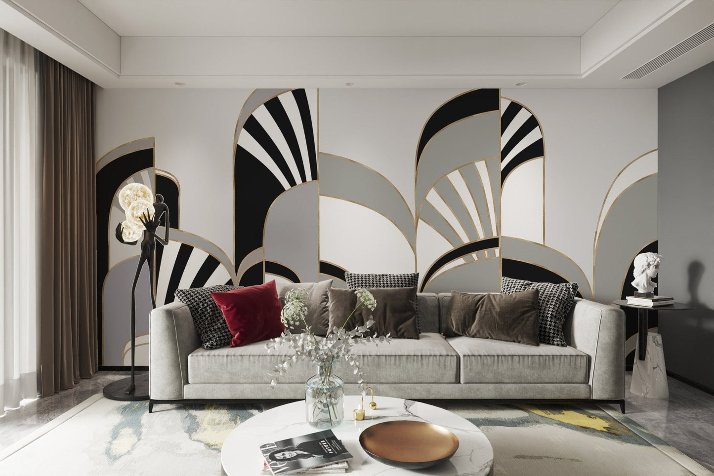 Black and white geometric art deco wall mural in modern living room.