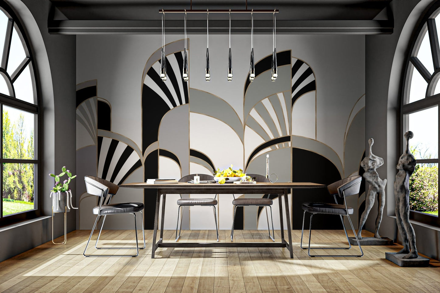 Elegant art deco wall mural with bold patterns in modern dining area.