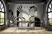Elegant art deco wall mural with bold patterns in modern dining area.