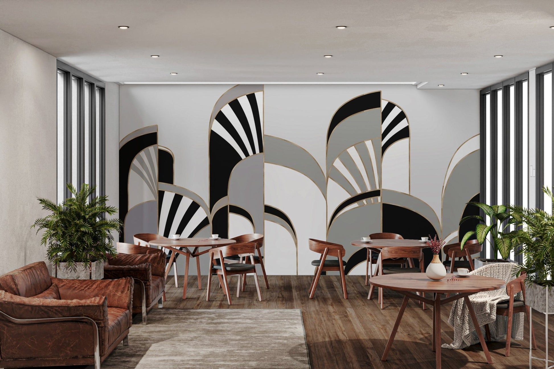 Geometric black and white art deco wall mural for cafe interior.