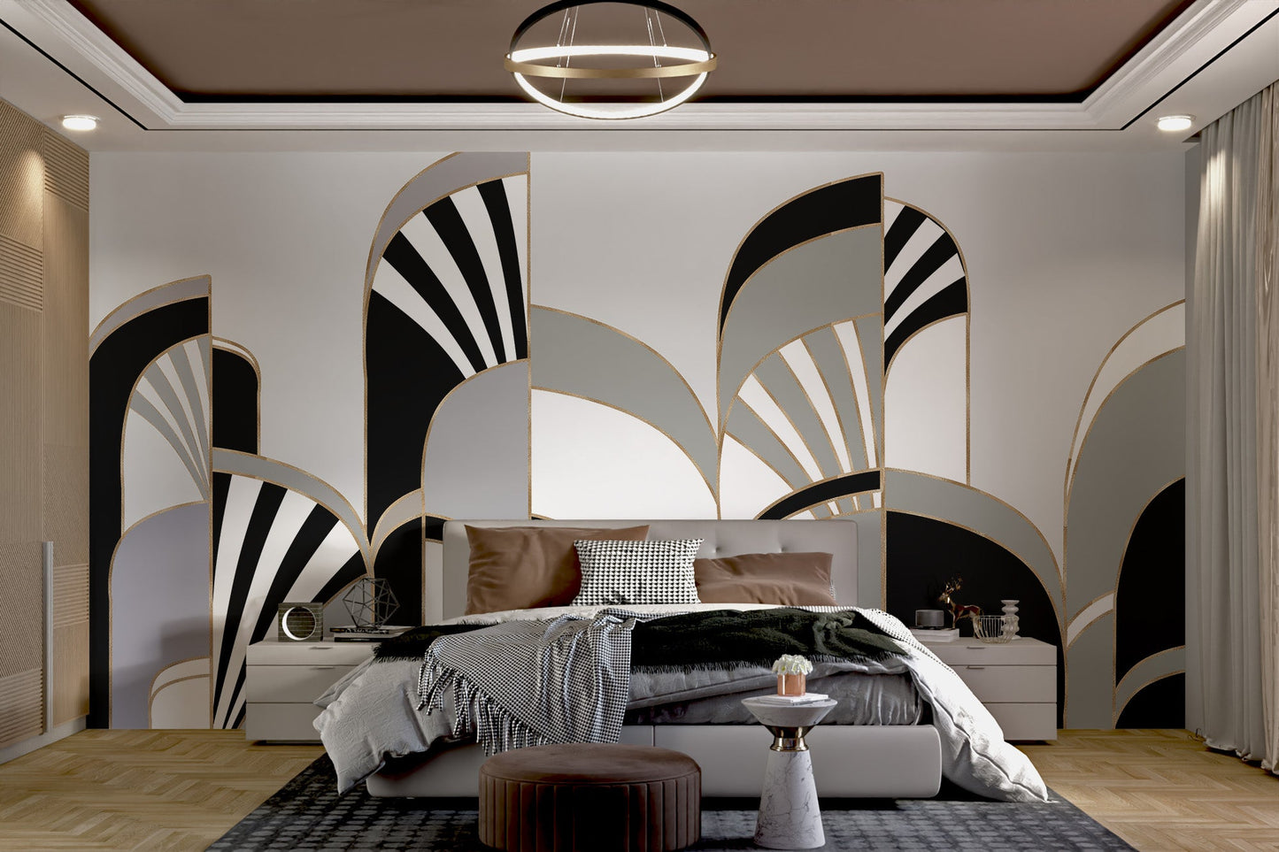 Modern Art Deco wall mural featuring layered arch in large bedroom.