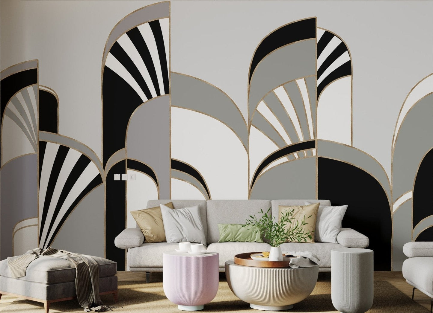 Monochrome geometric wall mural with fan motifs and striped details