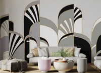 Monochrome geometric wall mural with fan motifs and striped details