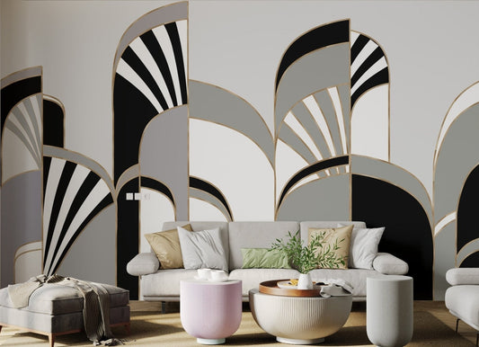 Monochrome geometric wall mural with fan motifs and striped details