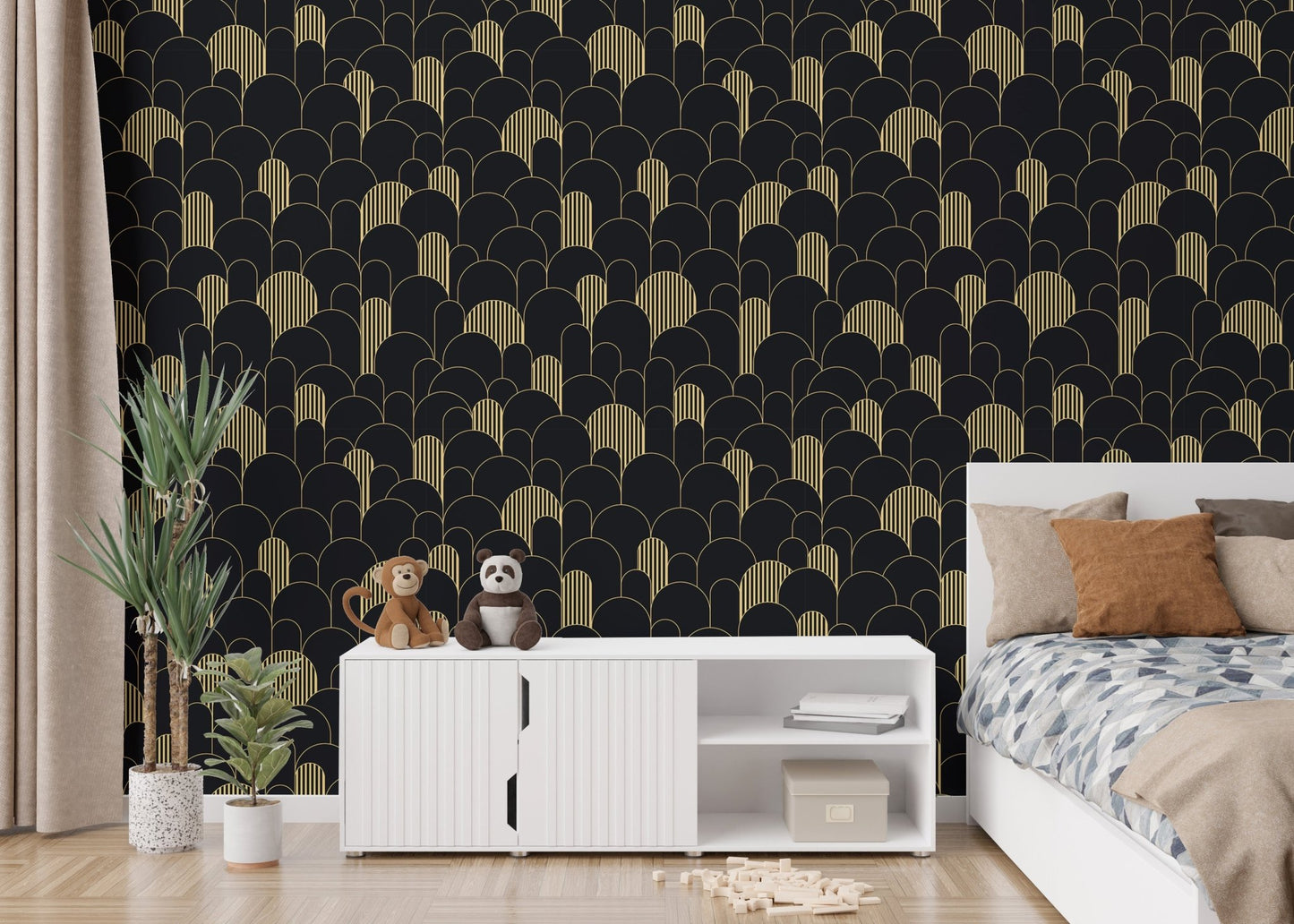 Dark textured wallpaper with gold arches in a minimalist bedroom setting.