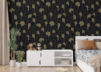Dark textured wallpaper with gold arches in a minimalist bedroom setting.