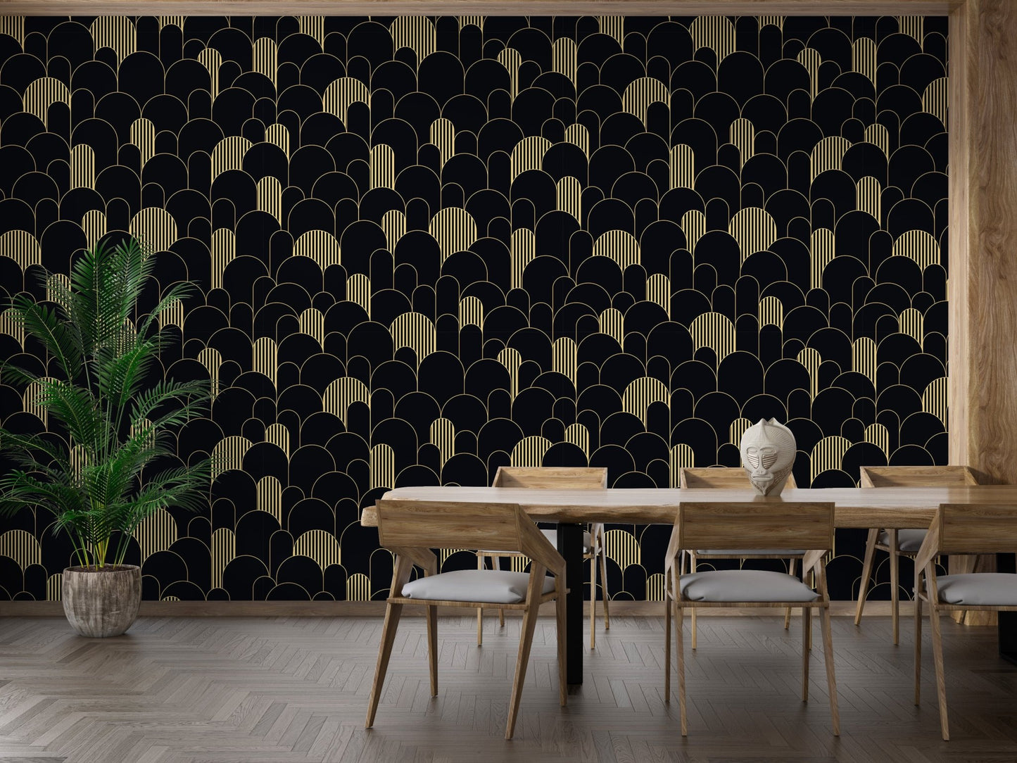 Elegant golden Deco line wallpaper for dining room walls.