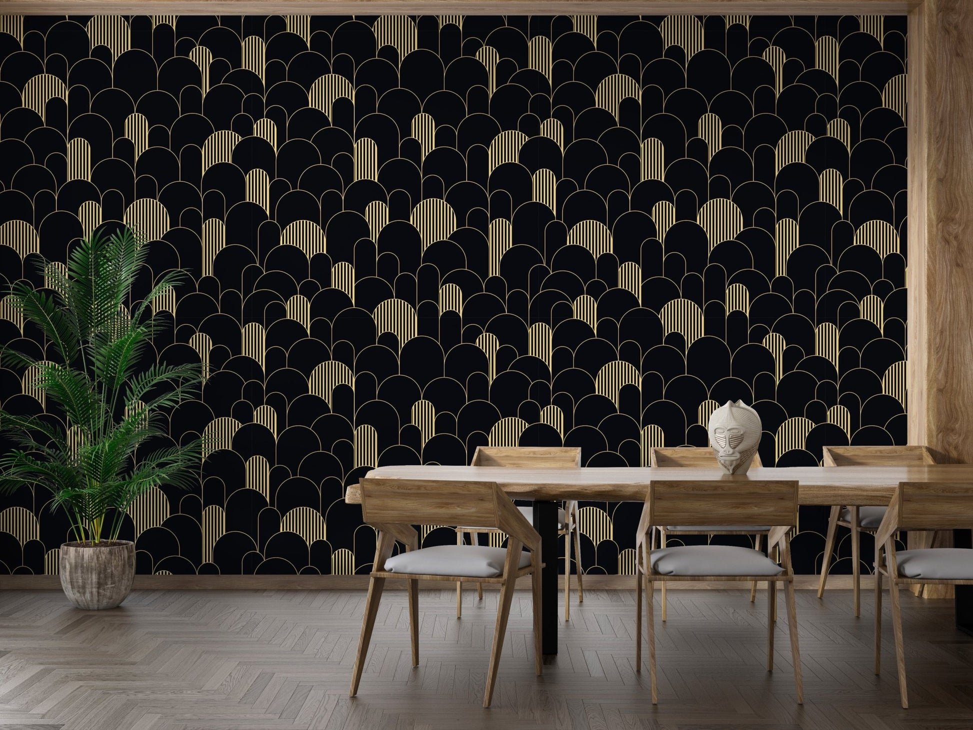 Elegant golden Deco line wallpaper for dining room walls.